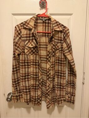 Rubbish Women's Plaid Button-Down Shirt in Brown and Cream